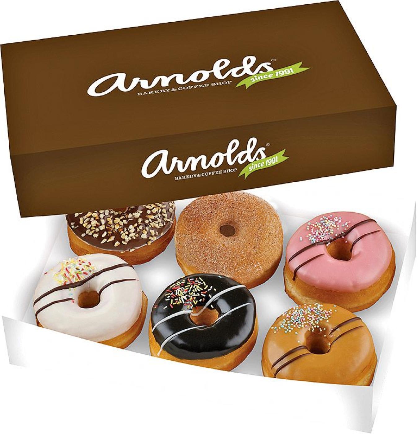 Kuvassa kuusi erilaista Arnoldsin donitsia laatikossa. Kuva lainattu netistä.